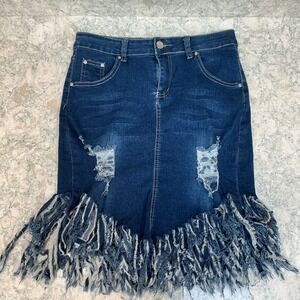 BUZZ JEANS Distressed Denim Midi Skirt Fringe Hem Blue Size M